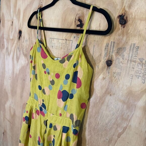 VIA SIGNORIA 100% Linen Midi Yellow Polka dot Sundress Made In Italy Sz L - Picture 3 of 7